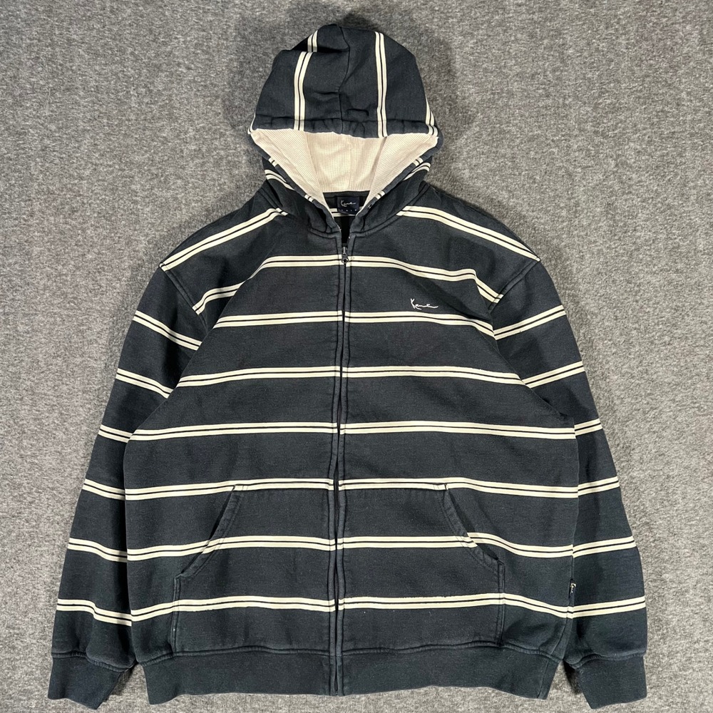 Vintage Karl Kani Gold Striped Zip Up Hoodie Navy Blue Waffle Lined XXL